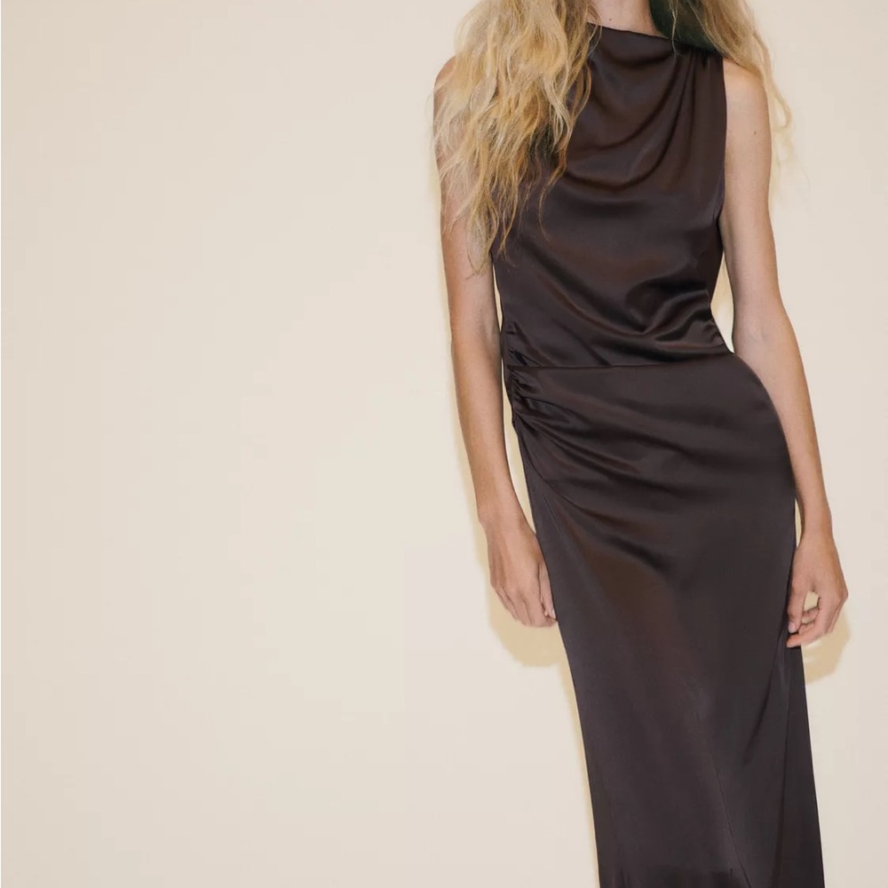 Zara Elegant Brown Open Back Satin Dress